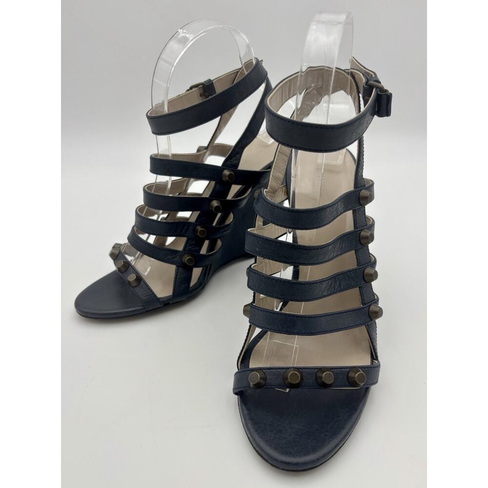 Balenciaga Wedge Sandals Navy Blue Leather Studded Size 39 / 9 Ankle Strap - Picture 2 of 15